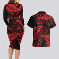 New Zealand Rugby Pacific Personalised Couples Matching Long Sleeve Bodycon Dress and Hawaiian Shirt All Red Maori Pasifika Fern Pattern LT9 - Polynesian Pride