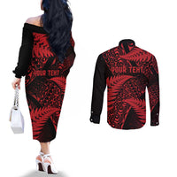 New Zealand Rugby Pacific Personalised Couples Matching Off The Shoulder Long Sleeve Dress and Long Sleeve Button Shirt All Red Maori Pasifika Fern Pattern LT9 - Polynesian Pride