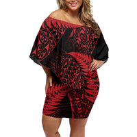 New Zealand Rugby Pacific Personalised Off Shoulder Short Dress All Red Maori Pasifika Fern Pattern LT9 Women Red - Polynesian Pride