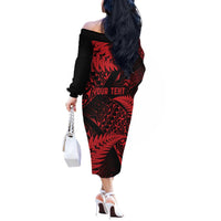 New Zealand Rugby Pacific Personalised Off The Shoulder Long Sleeve Dress All Red Maori Pasifika Fern Pattern LT9 - Polynesian Pride