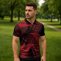 New Zealand Rugby Pacific Personalised Zipper Polo Shirt All Red Maori Pasifika Fern Pattern LT9 - Polynesian Pride