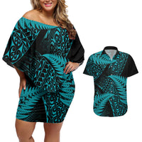 New Zealand Rugby Pacific Personalised Couples Matching Off Shoulder Short Dress and Hawaiian Shirt All Turquoise Maori Pasifika Fern Pattern LT9 Turquoise - Polynesian Pride
