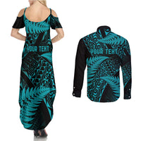 New Zealand Rugby Pacific Personalised Couples Matching Summer Maxi Dress and Long Sleeve Button Shirt All Turquoise Maori Pasifika Fern Pattern LT9 - Polynesian Pride