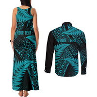 New Zealand Rugby Pacific Personalised Couples Matching Tank Maxi Dress and Long Sleeve Button Shirt All Turquoise Maori Pasifika Fern Pattern LT9 - Polynesian Pride
