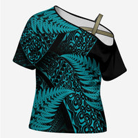 New Zealand Rugby Pacific Personalised Cross Shoulder Shirt All Turquoise Maori Pasifika Fern Pattern LT9 Female Turquoise - Polynesian Pride