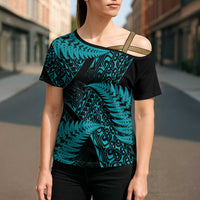 New Zealand Rugby Pacific Personalised Cross Shoulder Shirt All Turquoise Maori Pasifika Fern Pattern LT9 - Polynesian Pride