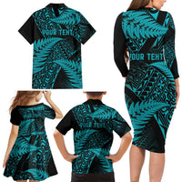 New Zealand Rugby Pacific Personalised Family Matching Long Sleeve Bodycon Dress and Hawaiian Shirt All Turquoise Maori Pasifika Fern Pattern LT9 - Polynesian Pride