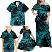 New Zealand Rugby Pacific Personalised Family Matching Off Shoulder Maxi Dress and Hawaiian Shirt All Turquoise Maori Pasifika Fern Pattern LT9 - Polynesian Pride