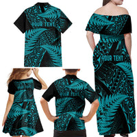 New Zealand Rugby Pacific Personalised Family Matching Off Shoulder Maxi Dress and Hawaiian Shirt All Turquoise Maori Pasifika Fern Pattern LT9 - Polynesian Pride