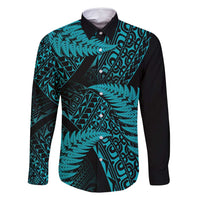 New Zealand Rugby Pacific Personalised Family Matching Off Shoulder Maxi Dress and Hawaiian Shirt All Turquoise Maori Pasifika Fern Pattern LT9 Dad's Shirt - Long Sleeve Turquoise - Polynesian Pride