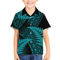 New Zealand Rugby Pacific Personalised Family Matching Off Shoulder Short Dress and Hawaiian Shirt All Turquoise Maori Pasifika Fern Pattern LT9 Son's Shirt Turquoise - Polynesian Pride