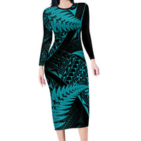 New Zealand Rugby Pacific Personalised Long Sleeve Bodycon Dress All Turquoise Maori Pasifika Fern Pattern LT9 Long Dress Turquoise - Polynesian Pride