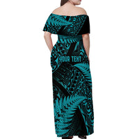 New Zealand Rugby Pacific Personalised Off Shoulder Maxi Dress All Turquoise Maori Pasifika Fern Pattern LT9 - Polynesian Pride