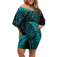 New Zealand Rugby Pacific Personalised Off Shoulder Short Dress All Turquoise Maori Pasifika Fern Pattern LT9 Women Turquoise - Polynesian Pride