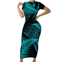 New Zealand Rugby Pacific Personalised Short Sleeve Bodycon Dress All Turquoise Maori Pasifika Fern Pattern LT9 Long Dress Turquoise - Polynesian Pride