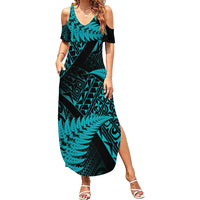 New Zealand Rugby Pacific Personalised Summer Maxi Dress All Turquoise Maori Pasifika Fern Pattern LT9 Women Turquoise - Polynesian Pride