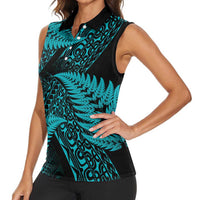 New Zealand Rugby Pacific Personalised Women Sleeveless Polo Shirt All Turquoise Maori Pasifika Fern Pattern LT9 - Polynesian Pride