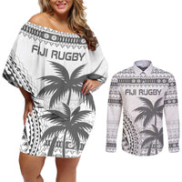Custom Fiji Rugby Couples Matching Off Shoulder Short Dress and Long Sleeve Button Shirt Polynesian Fijian Masi Palm Tree LT9 White - Polynesian Pride