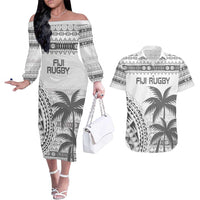 Custom Fiji Rugby Couples Matching Off The Shoulder Long Sleeve Dress and Hawaiian Shirt Polynesian Fijian Masi Palm Tree LT9 White - Polynesian Pride
