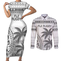 Custom Fiji Rugby Couples Matching Short Sleeve Bodycon Dress and Long Sleeve Button Shirt Polynesian Fijian Masi Palm Tree LT9 White - Polynesian Pride