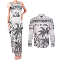 Custom Fiji Rugby Couples Matching Tank Maxi Dress and Long Sleeve Button Shirt Polynesian Fijian Masi Palm Tree LT9 White - Polynesian Pride