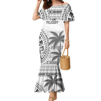 Custom Fiji Rugby Family Matching Mermaid Dress and Hawaiian Shirt Polynesian Fijian Masi Palm Tree LT9 Mom's Dress White - Polynesian Pride