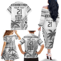 Custom Fiji Rugby Family Matching Off The Shoulder Long Sleeve Dress and Hawaiian Shirt Polynesian Fijian Masi Palm Tree LT9 - Polynesian Pride