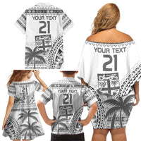 Custom Fiji Rugby Family Matching Off Shoulder Short Dress and Hawaiian Shirt Polynesian Fijian Masi Palm Tree LT9 - Polynesian Pride