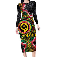 Vanuatu Personalised Family Matching Long Sleeve Bodycon Dress and Hawaiian Shirt Aboriginal Dot Paitnting LT9 Mom's Dress Black - Polynesian Pride