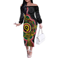 Vanuatu Personalised Family Matching Off The Shoulder Long Sleeve Dress and Hawaiian Shirt Aboriginal Dot Paitnting LT9 Mom's Dress Black - Polynesian Pride