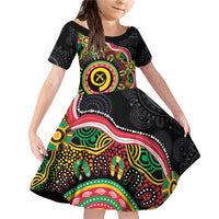 Vanuatu Personalised Family Matching Off Shoulder Short Dress and Hawaiian Shirt Aboriginal Dot Paitnting LT9 Daughter's Dress Black - Polynesian Pride