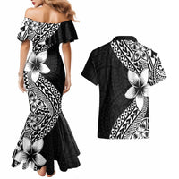Lotu Tamaiti White Sunday Couples Matching Mermaid Dress and Hawaiian Shirt Pacific Plumeria Flowers - Black Version LT9 - Polynesian Pride