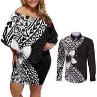 Lotu Tamaiti White Sunday Couples Matching Off Shoulder Short Dress and Long Sleeve Button Shirt Pacific Plumeria Flowers - Black Version LT9 Black - Polynesian Pride