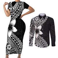 Lotu Tamaiti White Sunday Couples Matching Short Sleeve Bodycon Dress and Long Sleeve Button Shirt Pacific Plumeria Flowers - Black Version LT9 Black - Polynesian Pride