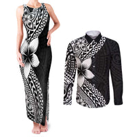 Lotu Tamaiti White Sunday Couples Matching Tank Maxi Dress and Long Sleeve Button Shirt Pacific Plumeria Flowers - Black Version LT9 Black - Polynesian Pride