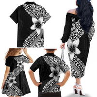 Lotu Tamaiti White Sunday Family Matching Off The Shoulder Long Sleeve Dress and Hawaiian Shirt Pacific Plumeria Flowers - Black Version LT9 - Polynesian Pride