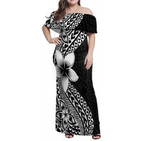 Lotu Tamaiti White Sunday Family Matching Off Shoulder Maxi Dress and Hawaiian Shirt Pacific Plumeria Flowers - Black Version LT9 Mom's Dress Black - Polynesian Pride