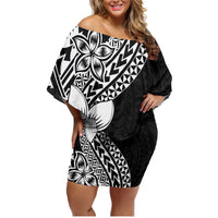 Lotu Tamaiti White Sunday Family Matching Off Shoulder Short Dress and Hawaiian Shirt Pacific Plumeria Flowers - Black Version LT9 Mom's Dress Black - Polynesian Pride