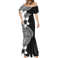 Lotu Tamaiti White Sunday Mermaid Dress Pacific Plumeria Flowers - Black Version LT9 - Polynesian Pride