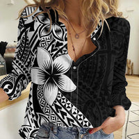Lotu Tamaiti White Sunday Women Casual Shirt Pacific Plumeria Flowers - Black Version LT9 Female Black - Polynesian Pride