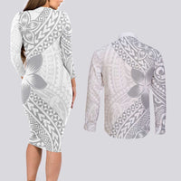 Lotu Tamaiti White Sunday Couples Matching Long Sleeve Bodycon Dress and Long Sleeve Button Shirt Pacific Plumeria Flowers - White Version LT9 - Polynesian Pride