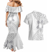 Lotu Tamaiti White Sunday Couples Matching Mermaid Dress and Hawaiian Shirt Pacific Plumeria Flowers - White Version LT9 - Polynesian Pride