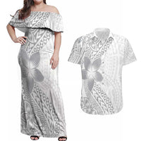 Lotu Tamaiti White Sunday Couples Matching Off Shoulder Maxi Dress and Hawaiian Shirt Pacific Plumeria Flowers - White Version LT9 White - Polynesian Pride
