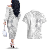 Lotu Tamaiti White Sunday Couples Matching Off The Shoulder Long Sleeve Dress and Hawaiian Shirt Pacific Plumeria Flowers - White Version LT9 - Polynesian Pride