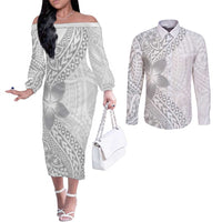 Lotu Tamaiti White Sunday Couples Matching Off The Shoulder Long Sleeve Dress and Long Sleeve Button Shirt Pacific Plumeria Flowers - White Version LT9 White - Polynesian Pride
