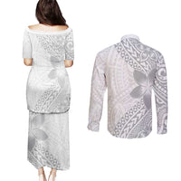 Lotu Tamaiti White Sunday Couples Matching Puletasi and Long Sleeve Button Shirt Pacific Plumeria Flowers - White Version LT9 - Polynesian Pride
