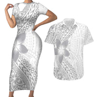 Lotu Tamaiti White Sunday Couples Matching Short Sleeve Bodycon Dress and Hawaiian Shirt Pacific Plumeria Flowers - White Version LT9 White - Polynesian Pride