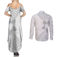Lotu Tamaiti White Sunday Couples Matching Summer Maxi Dress and Long Sleeve Button Shirt Pacific Plumeria Flowers - White Version LT9 - Polynesian Pride
