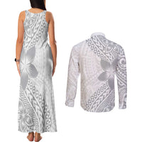 Lotu Tamaiti White Sunday Couples Matching Tank Maxi Dress and Long Sleeve Button Shirt Pacific Plumeria Flowers - White Version LT9 - Polynesian Pride