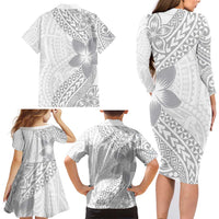 Lotu Tamaiti White Sunday Family Matching Long Sleeve Bodycon Dress and Hawaiian Shirt Pacific Plumeria Flowers - White Version LT9 - Polynesian Pride